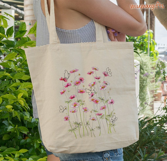 Pink Sunflower Butterfly Tote Bag Floral Tote Bag Plant 