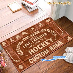 This Is House Runs On Hockey Doormat , Hockey Doormat, Hockey Rug, Hockey Mat, Gift For Hockey Player, Doormat For Home, Hockey Lovers Gift