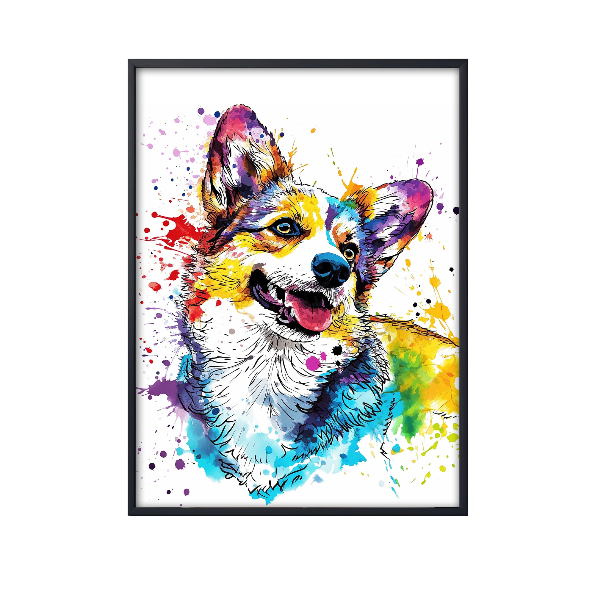 カラフルなコーギーのウォールアート、水彩画の犬のキャンバス、水彩画