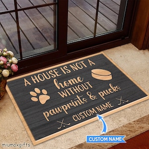 Hockey And Dog Personalized Doormat, Hockey Doormat, Hockey Rug, Perfect Gift For Hockey Player, Dog Lover, Housewarming Gift