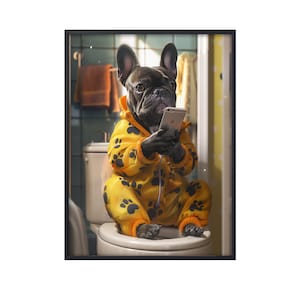 French Bulldog Sitting on Toilet on Mobile Phone,Funny Dog Picture France Bulldog Bath Bathroom Wall Art Bulldog,Dog on Toilet Canvas Poster