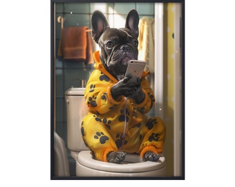May include: A black French bulldog wearing a yellow and black patterned jumpsuit sits on a white toilet seat and uses a smartphone. The dog is in a bathroom with a white tiled floor and a white sink.
