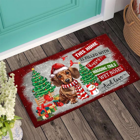 Christmas Brown Dachshund Mat, Cute Dachshund Doormat Christmas