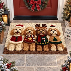 Cockapoo Dog Entry Mat, Faux Embroidered Dog Lover Xmas Door Mat, Dog Christmas Doormat, Dog Mom Holiday Gift Entry Mat