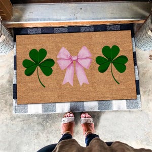 Bow Print Doormat, Pink Bow Doormat, St Patricks Welcome Doormat, Bow Lover Gift, St Patricks Coquette Doormat, Clover Leaf Print