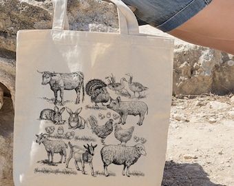 May include: A beige tote bag with a black and white illustration of farm animals, including a cow, pig, sheep, chickens, ducks, rabbits, and goats.