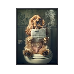 Cocker Spaniel negro sentado en el inodoro leyendo el periódico, imagen de perro, animal de baño, arte de pared para baño, póster de lienzo con perro en el inodoro