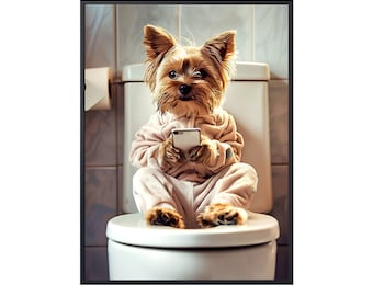 Yorkshireterrier sittande på toaletten på mobiltelefon, rolig hundbild djur bad badrum väggkonst, hund på toaletten väggkonst canvas hundposter