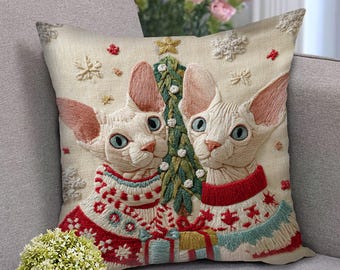 2D-bedrucktes Weihnachtskissen mit Sphynx-Katzenpaar, Kissen mit Sphynx-Katze und Hund mit Weihnachtsbaum, niedliches Dekokissen für Weihnachten