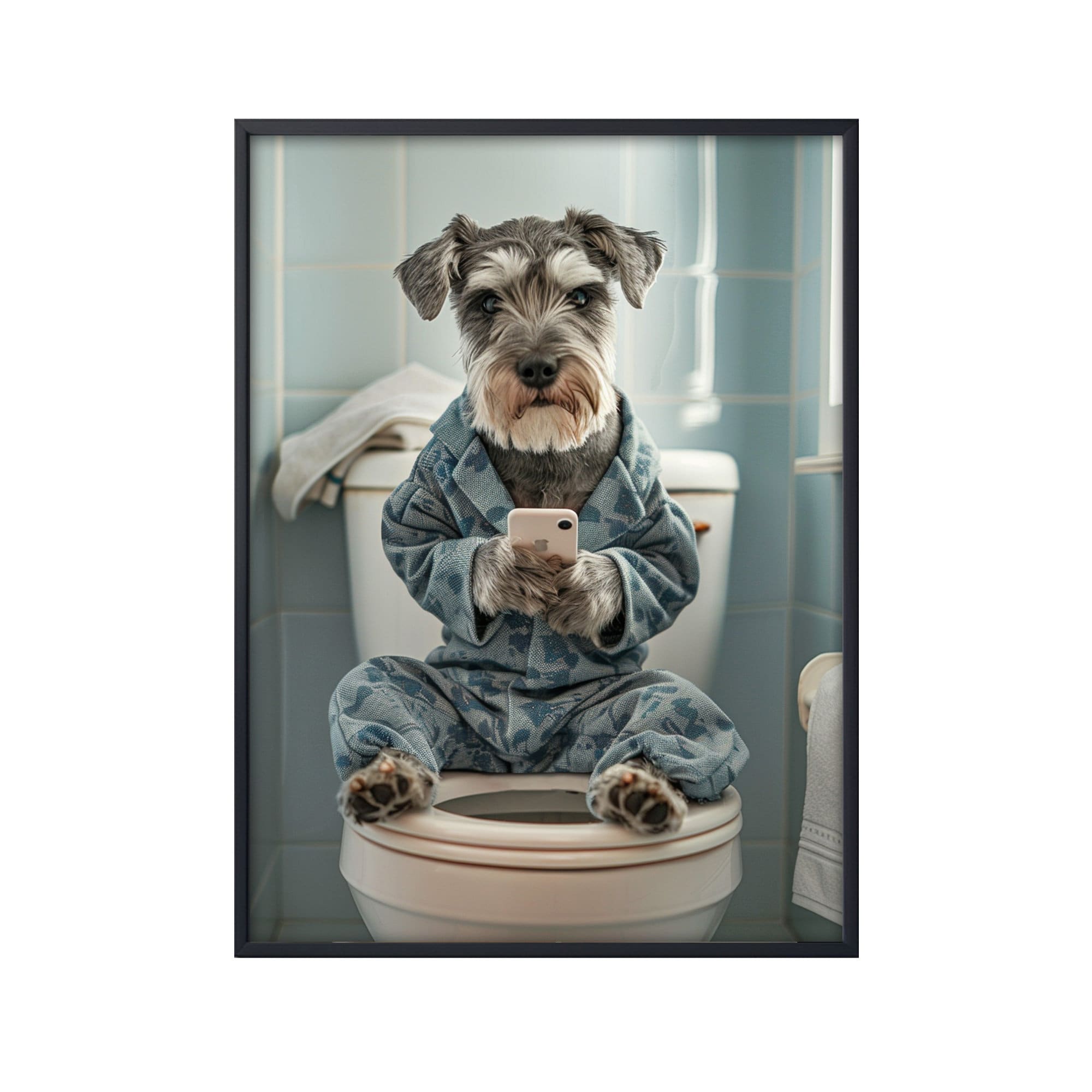 トイレに座るミニチュアシュナウザー、電話に乗った犬のポスター