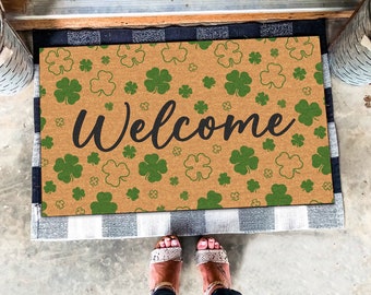Welcome Shamrock Doormat, Clover Mat, Lucky Shamrock Doormat, Lucky Doormat, St. Patrick's Day Door Mat, St Patricks Day Welcome Doormat