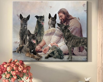 God Surrounded By Dutch Shepherd Wall Art, Angels Jesus Poster, God with Dog Canvas Poster, Dutch Shepherd Dog Lover Gifts, Christian Gifts