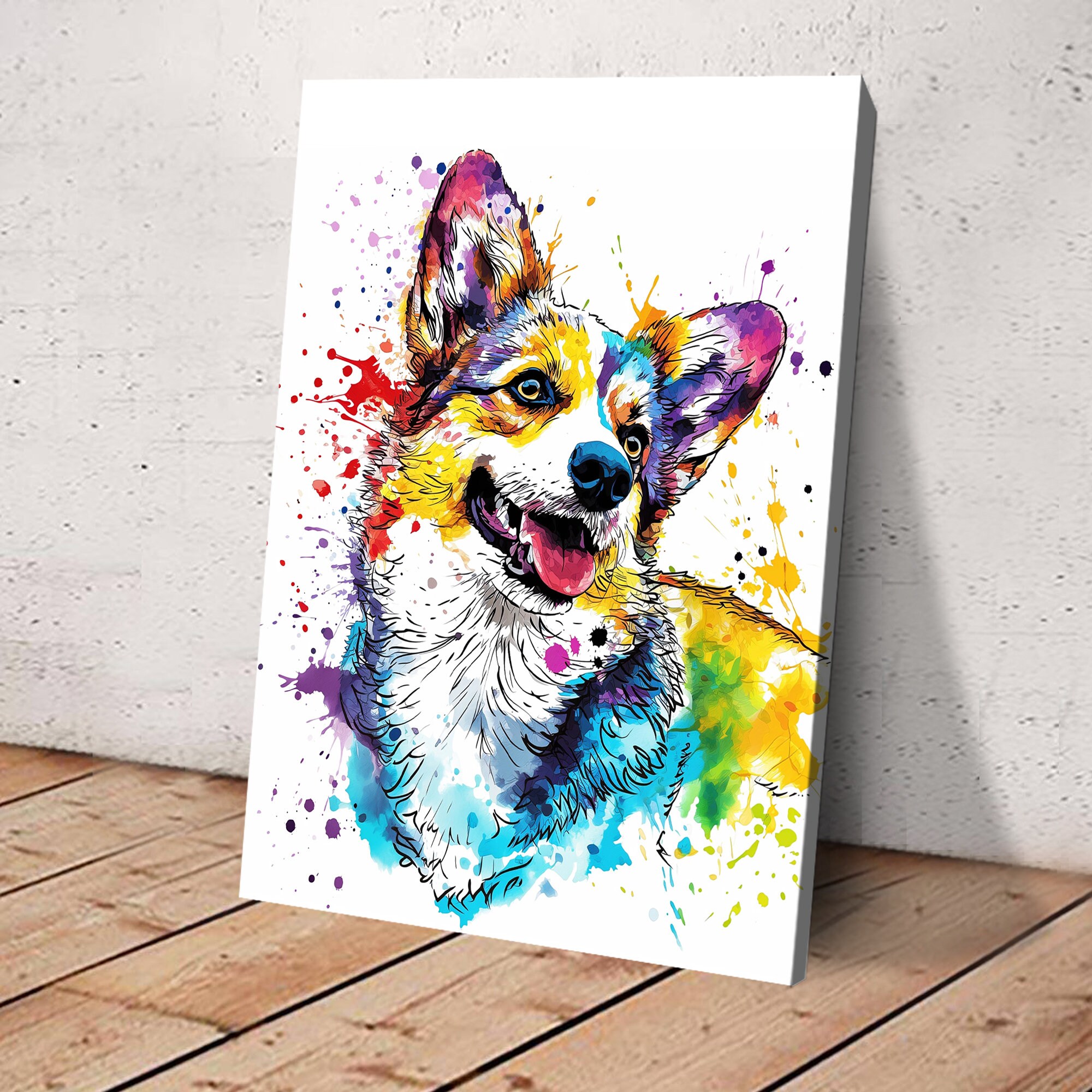 カラフルなコーギーのウォールアート、水彩画の犬のキャンバス、水彩画