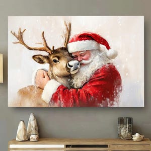 Santa&#39;s Reindeer Companionship Poster Canvas, Santa Wall Art, Santa And Reindeer Art Print, Santa Christmas Gifts, Santa Wall Art