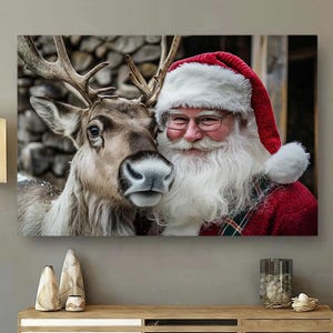 Santa&#39;s Reindeer Companionship Canvas, Santa Wall Art, Santa And Reindeer Art Print, Santa Christmas Gifts, Santa Wall Art, Holiday Decor