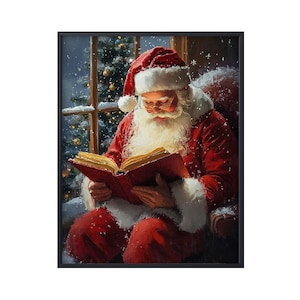 Santa Reading Book Canvas, Vintage Christmas Wall Art, Santa Wall Art, Santa Art Print, Santa Wall Hanging Decor, Rustic Christmas Gifts