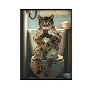 Tabby Cat Sitting on Toilet on Mobile Phone, Funny Cat on Loo, Tabby Cat in Bathroom Wall Art, Cat on Toilet Wall Art Canvas Poster Gifts