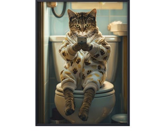 Gestreepte kat op het toilet met mobiele telefoon, grappige kat op het toilet, gestreepte kat als wanddecoratie in de badkamer, kat op het toilet als wanddecoratie op canvas, cadeau