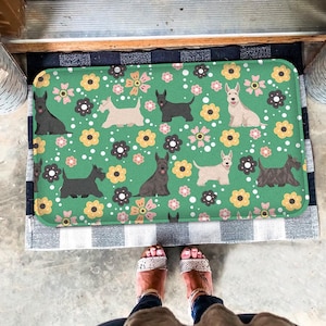 Floral Scottish Terrier Mat, Cute Black Scottish Terrier Doormat, Dog Lover Gift, Dog Doormat, Spring Gifts, Summer Gifts