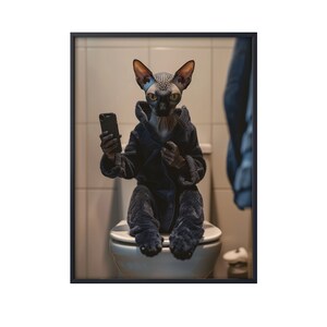 Black Sphynx Cat Sitting on Toilet on Mobile Phone, Funny Cat on Loo, Sphynx Cat in Bathroom Wall Art, Cat on Toilet Wall Art Canvas Poster