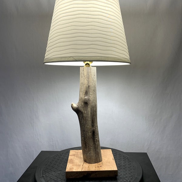 Dark gray driftwood lamp with character cherry base - for home, cottage, cabin, camp - 19-1/2" tall - shade not included