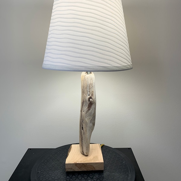 Gray driftwood table lamp and live edge maple wood base - cottage, cabin camp, log home decor -  19-1/2" tall -shade not included