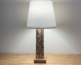 Very unique spalted wormy driftwood table lamp with cherry wood base - cottage, cabin camp, log home -  19-1/2" tall - shade not included