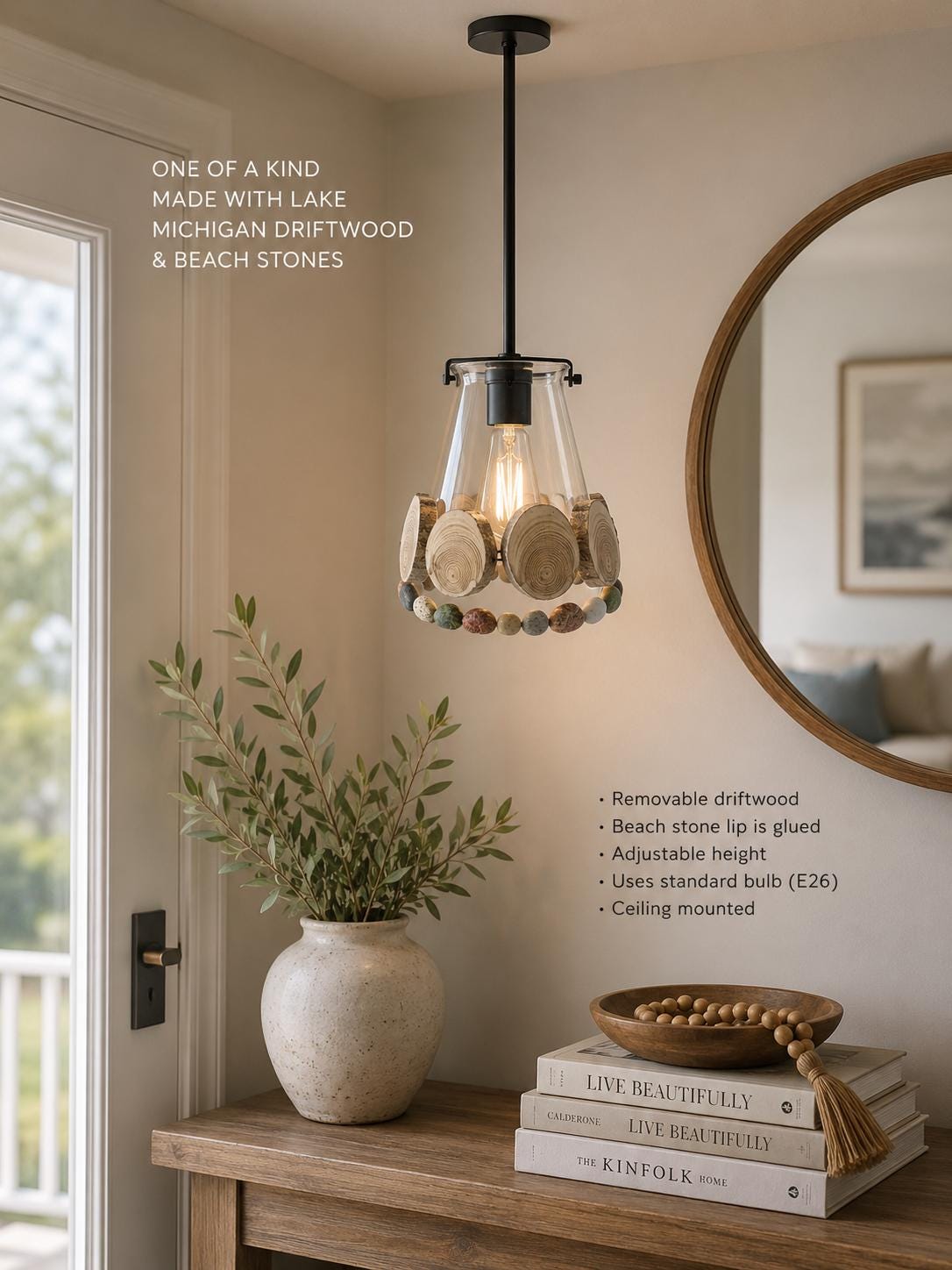 Modern Organic Driftwood Pendant Light – Beach Stone Hanging Lamp – Modern Coastal Lighting