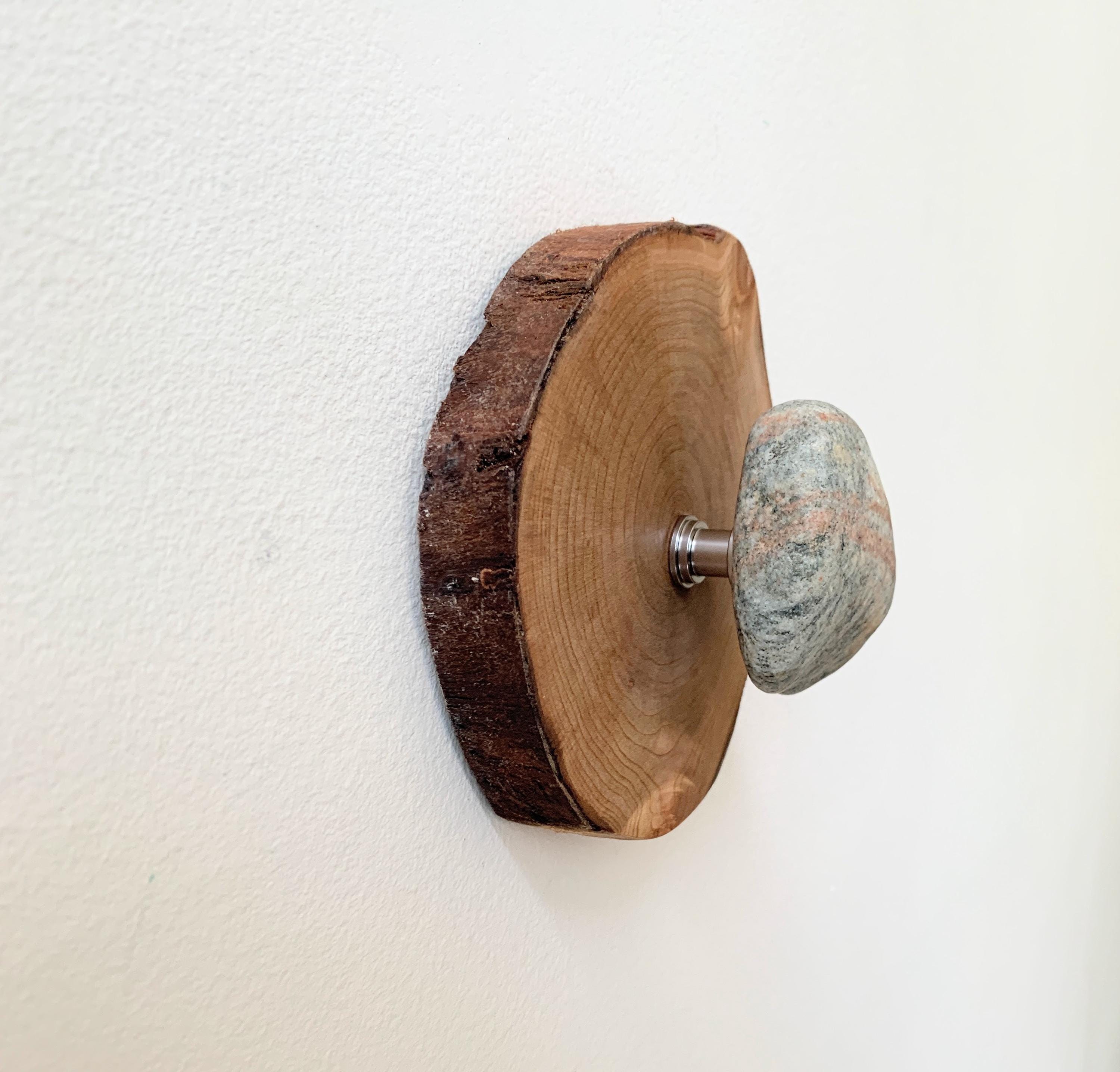 Beach Stone Wall Hook on Live Edge Choke Cherry Round – Wood Wall Art