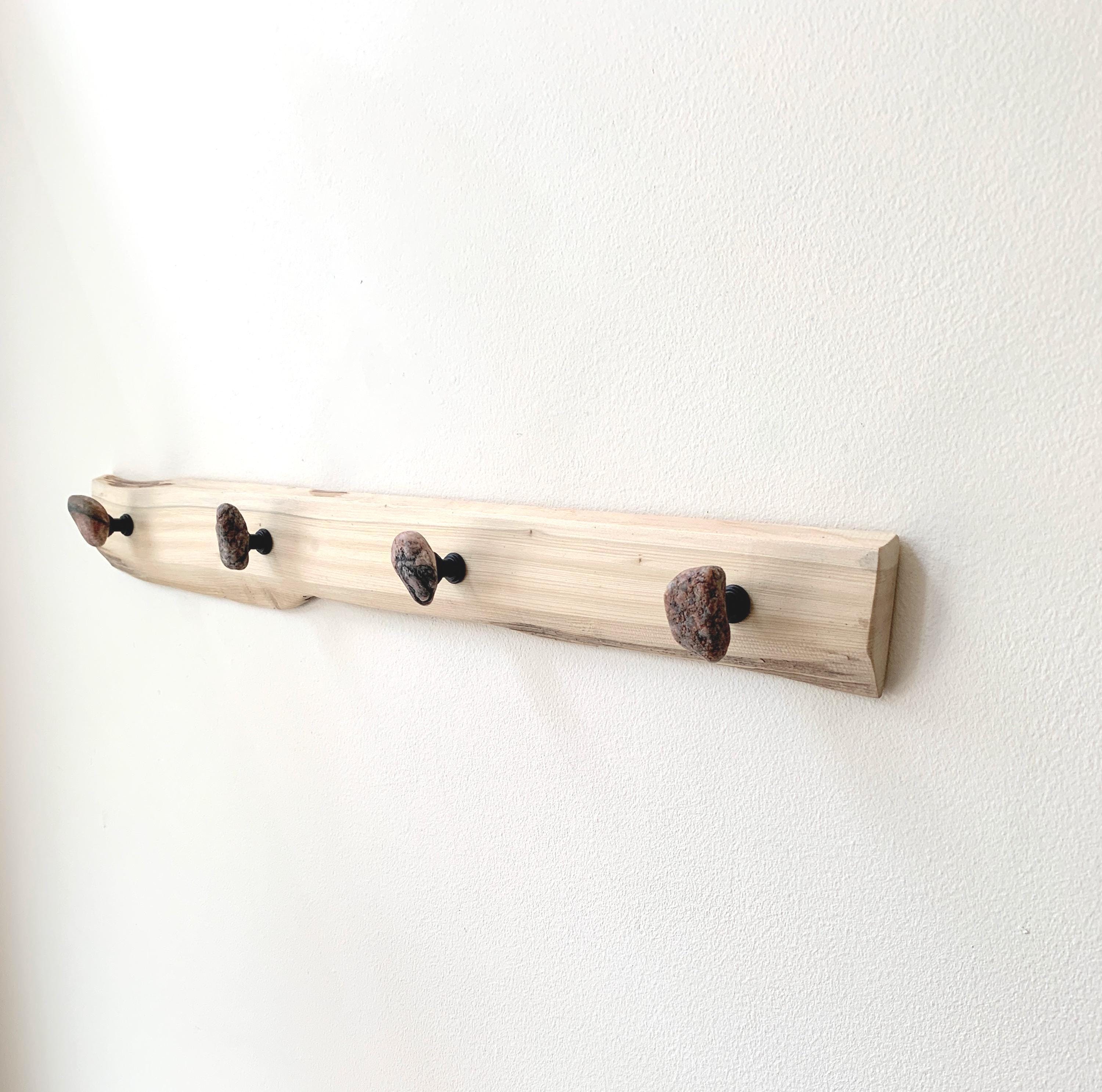 Rustic Driftwood Coat Rack with Granite Beach Stone Hooks, 23-1/4"