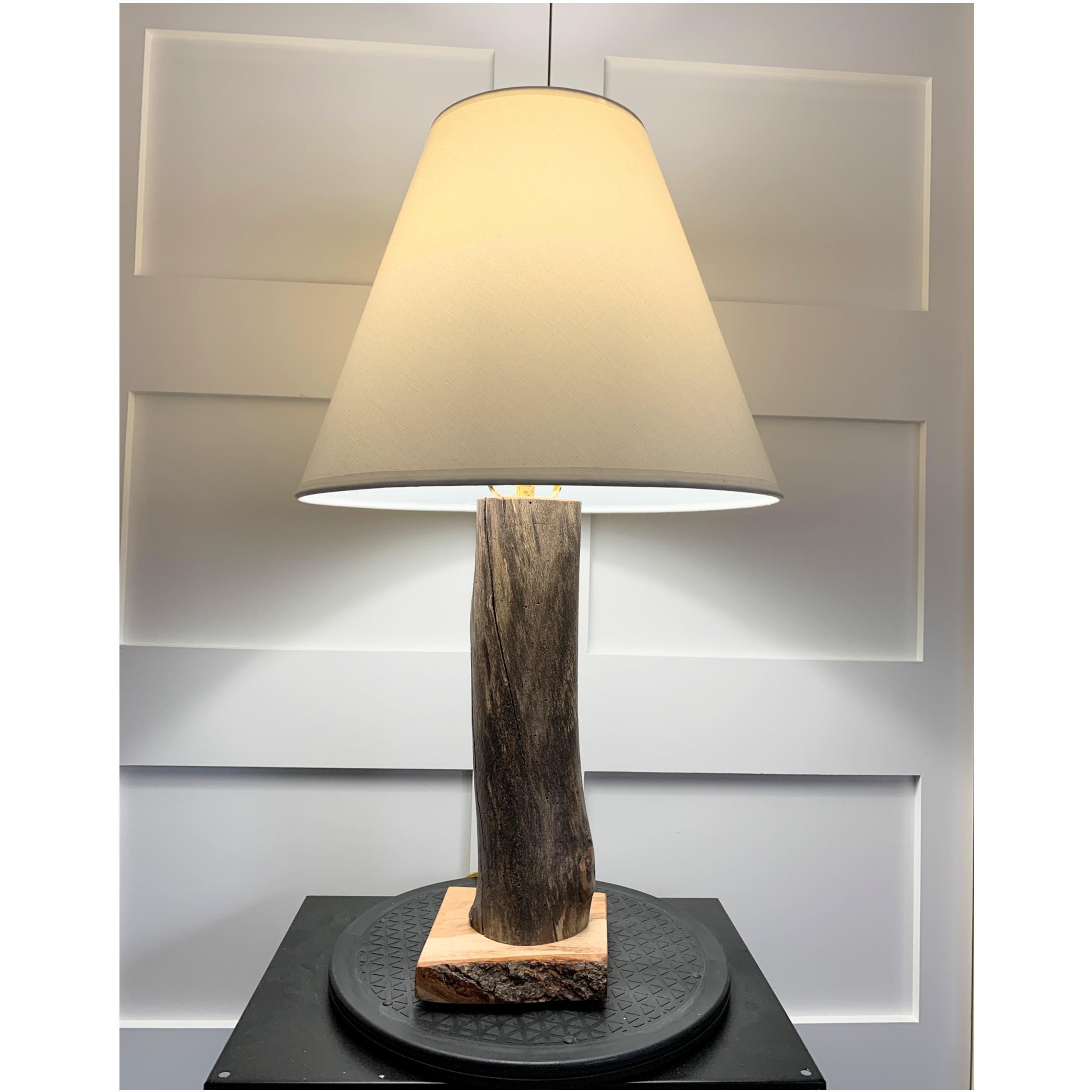 Dark Driftwood Log Lamp with Live Edge Hickory Base (24" Tall) – shade not included