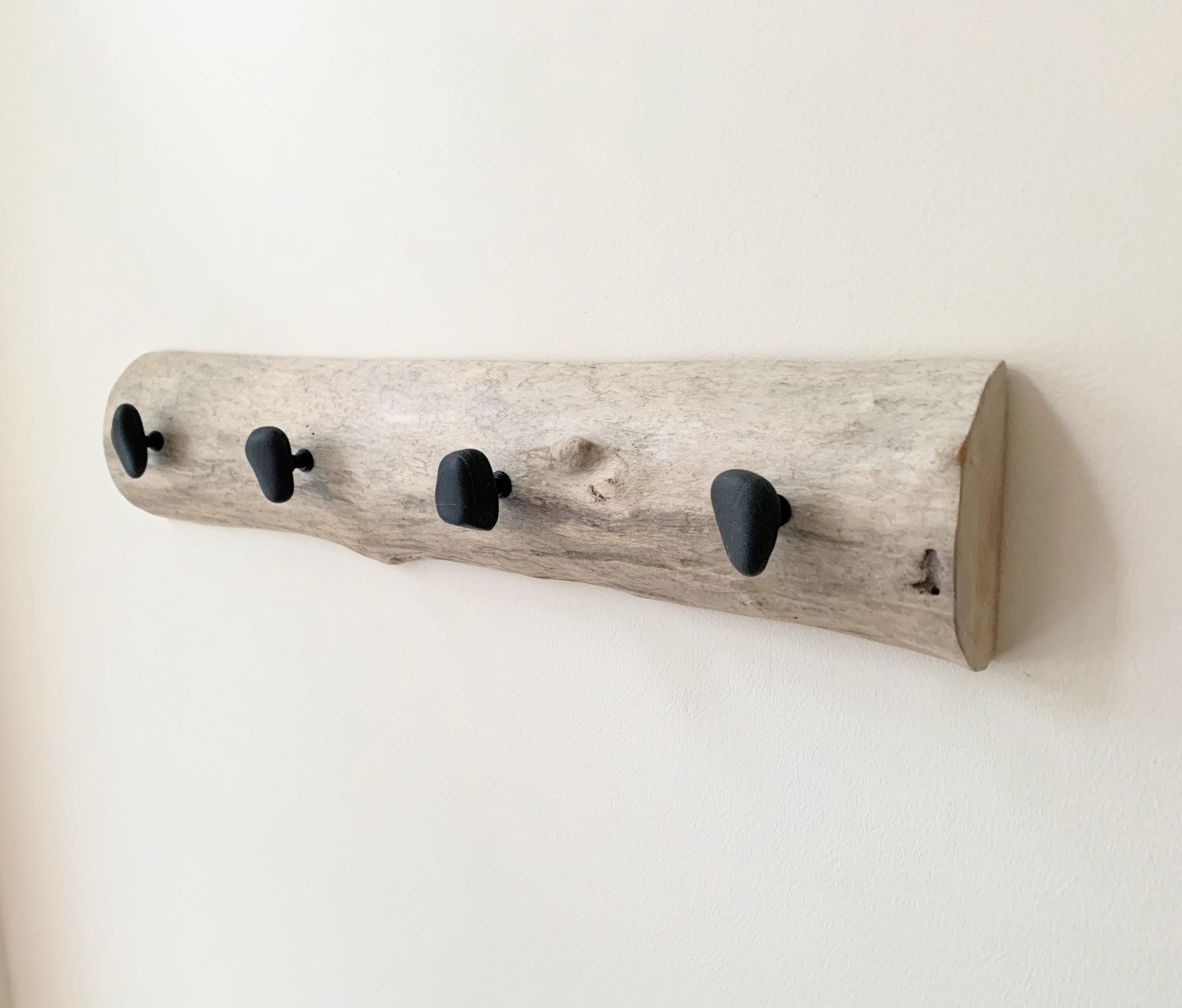 Driftwood Wall Mounted Hooks with 4 Beach Stone Hooks