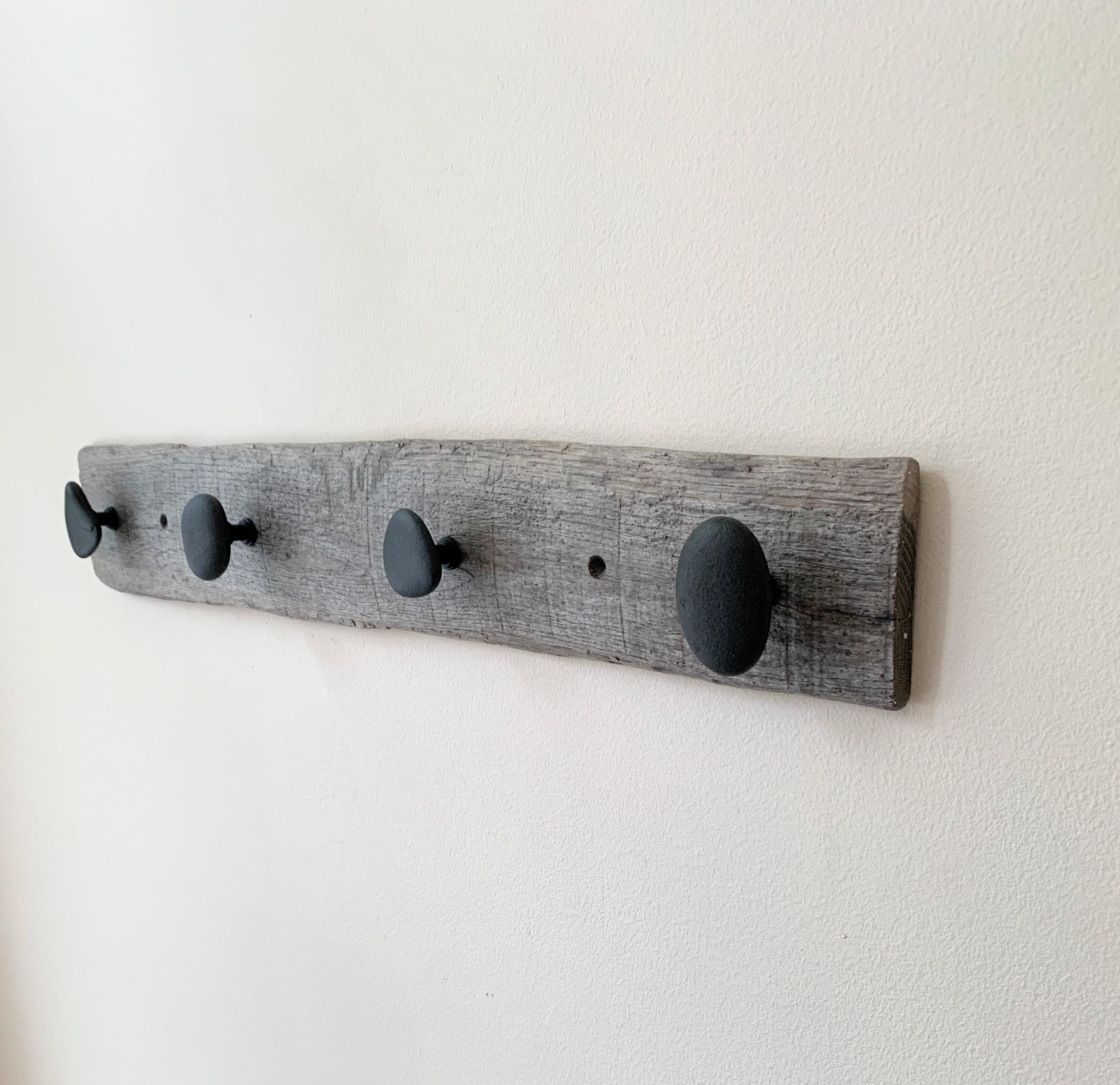 Dark gray driftwood beach stone wall hooks – Wood Wall Art – 15" wide