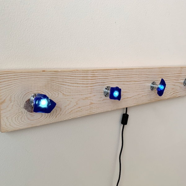 Whitewashed 22" Lighted Beach Glass Hooks Rack with LED Lights, Nautical Coastal Sea Glass Decor