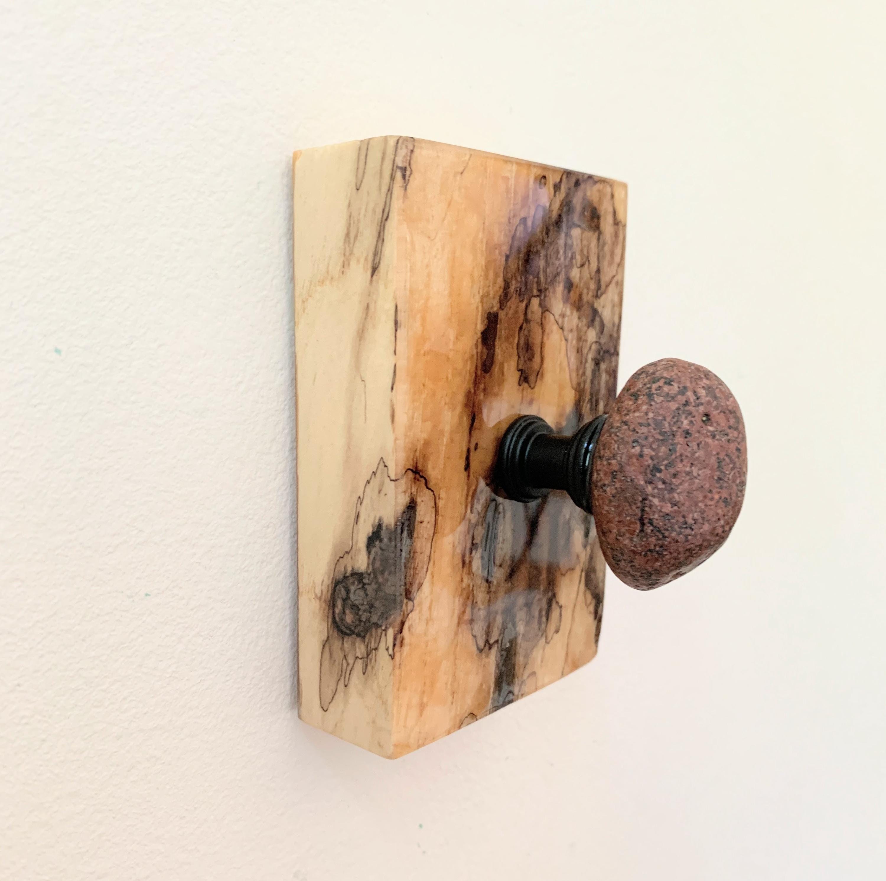 Rustic Beach Stone Wall Hook on Spalted Driftwood – Coastal, Beach and Lake Decor