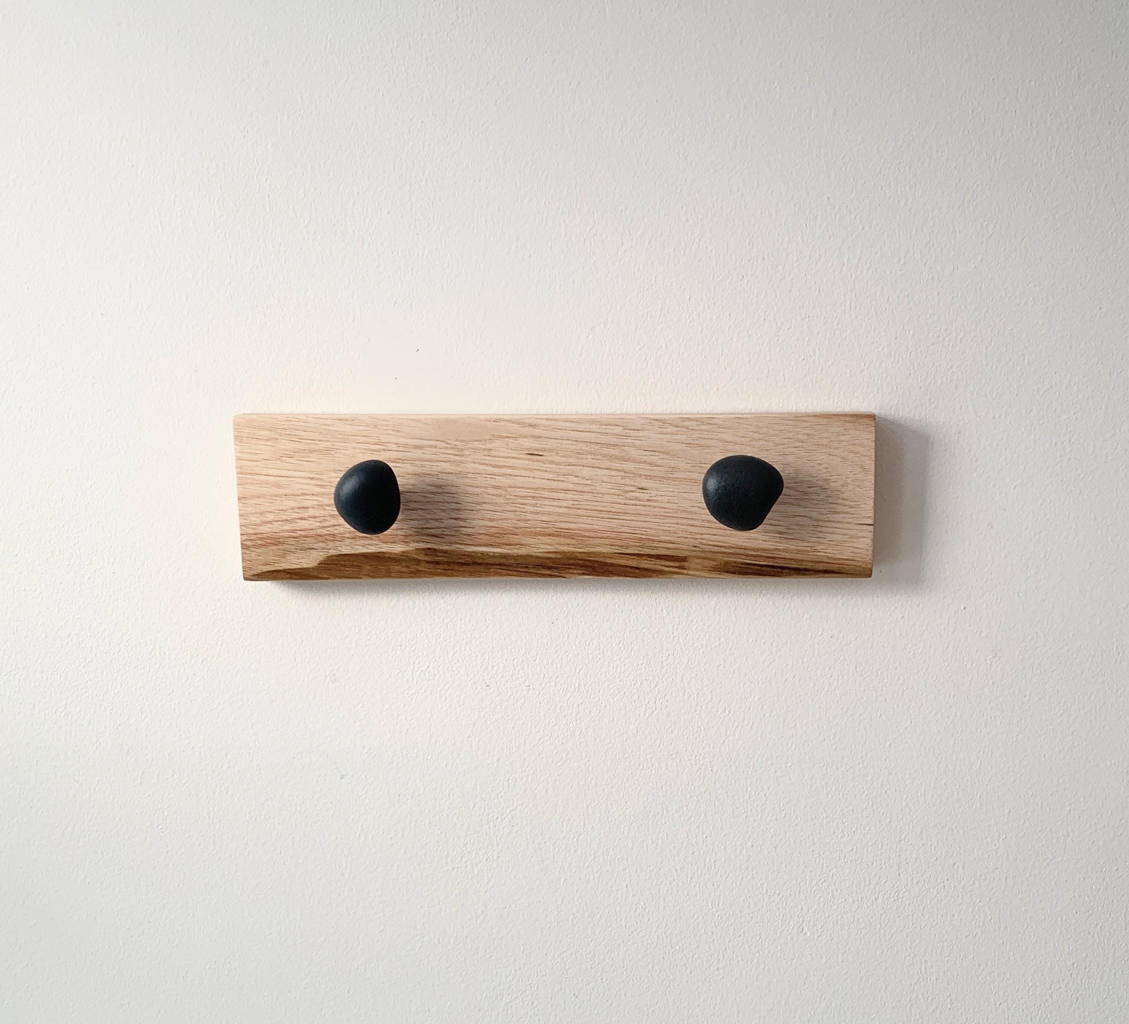 Beach Stone and Live Edge Hardwood Hooks – Wood Wall Art – 12" wide