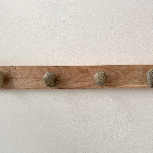 Beach stone hooks/rack mounted on cherry wood - for coats, towels, jewelry, hats, leashes and more - 23" wide