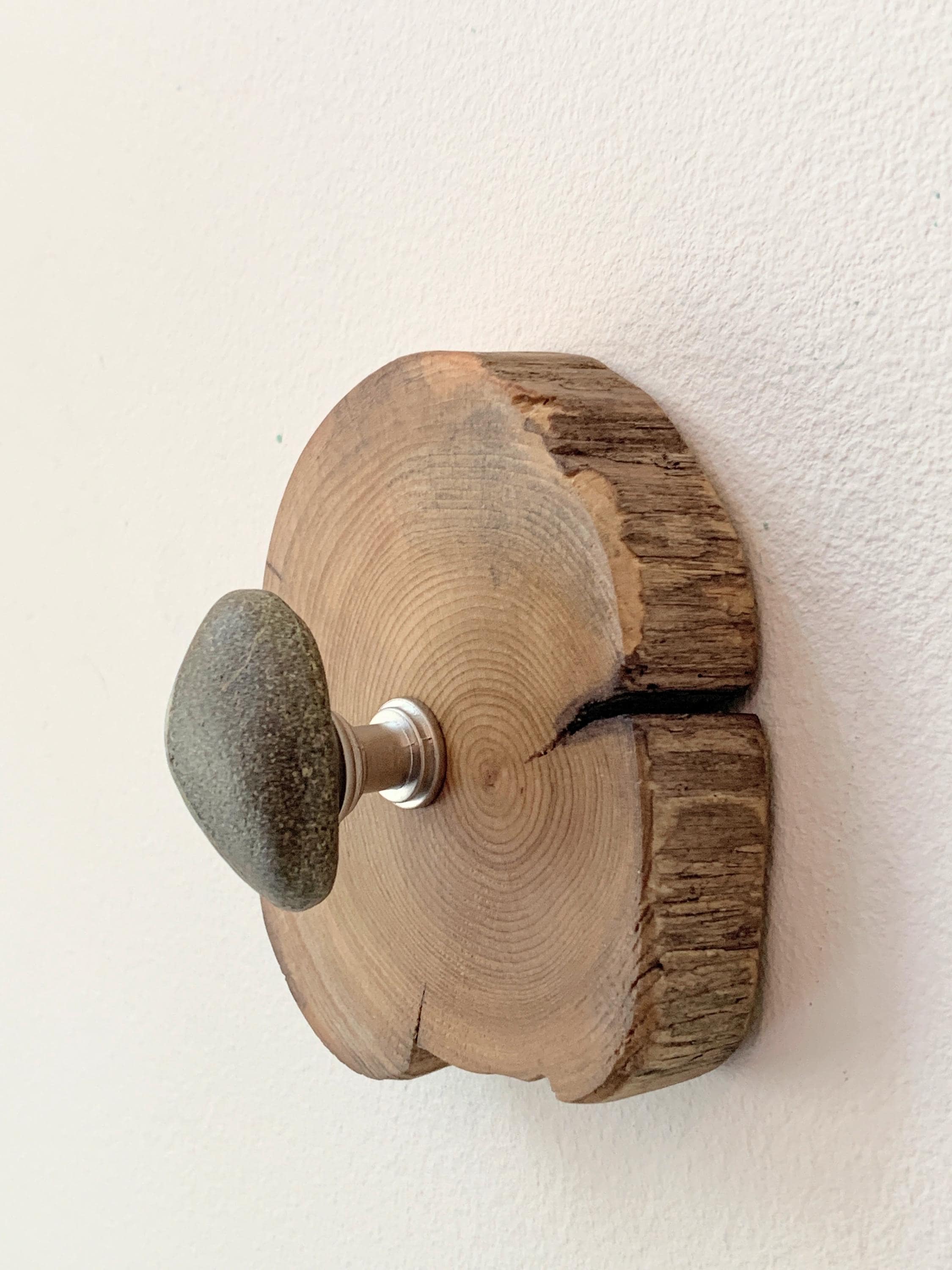 Beach Stone Wall Hook on Live Edge Choke Cherry Round – Wood Wall Art