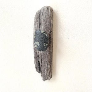 May include: A piece of weathered driftwood with a dark gray stone affixed to it. The wood is a light brown color with visible grain and texture. The stone is oval-shaped with lighter gray spots.
