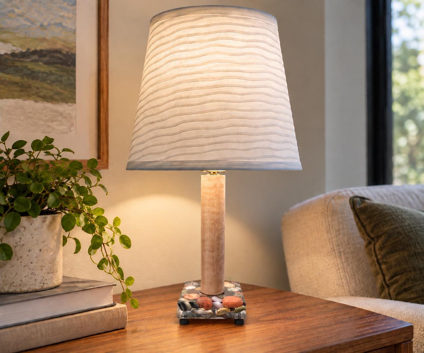 Rustic Birdseye Maple Table Lamp: Colorful Beach Stone Base, 17.5" Tall (Shade Not Included)