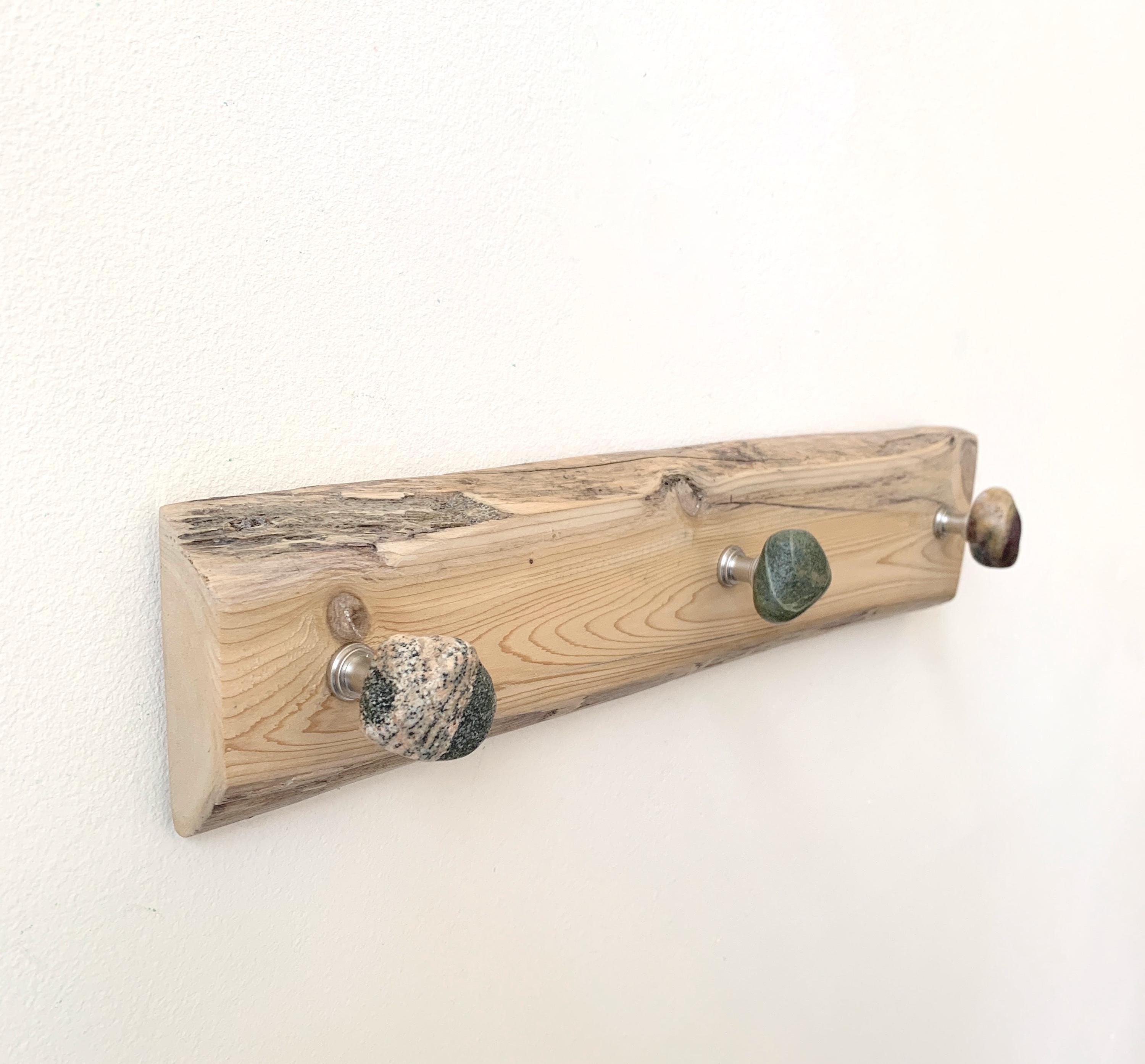 Rustic Driftwood Coat Rack with Granite Beach Stone Hooks, 15-3/8"
