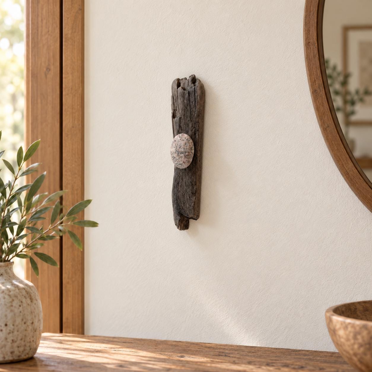 Driftwood Wall Hook with Granite Beach Stone for Bathroom or Entryway