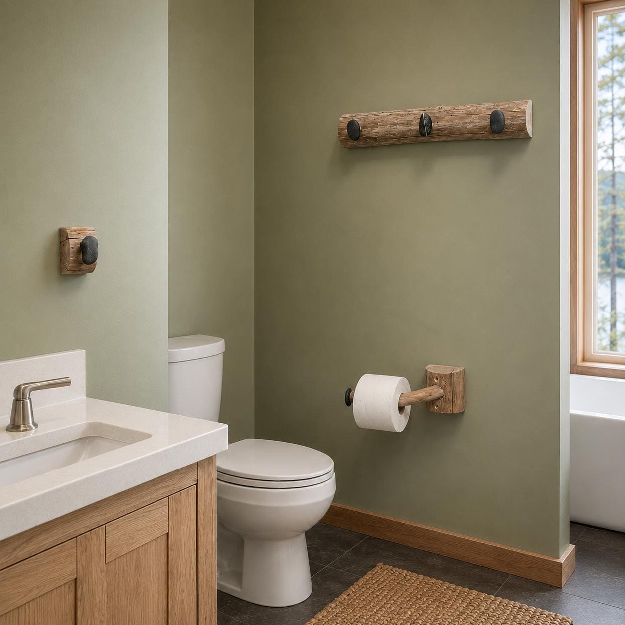 Bathroom Accessories Set – Beach Stone Towel Hooks & Toilet Paper Holder – Driftwood