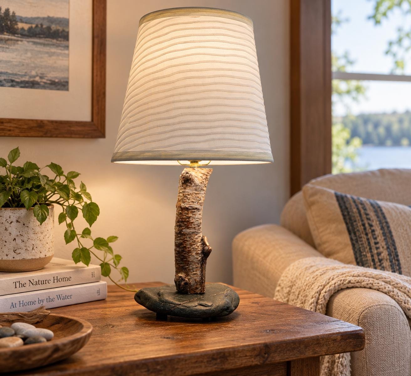 Birch Table Lamp with Beach Stone Base, Rustic Natural Wood Lighting – shade not included