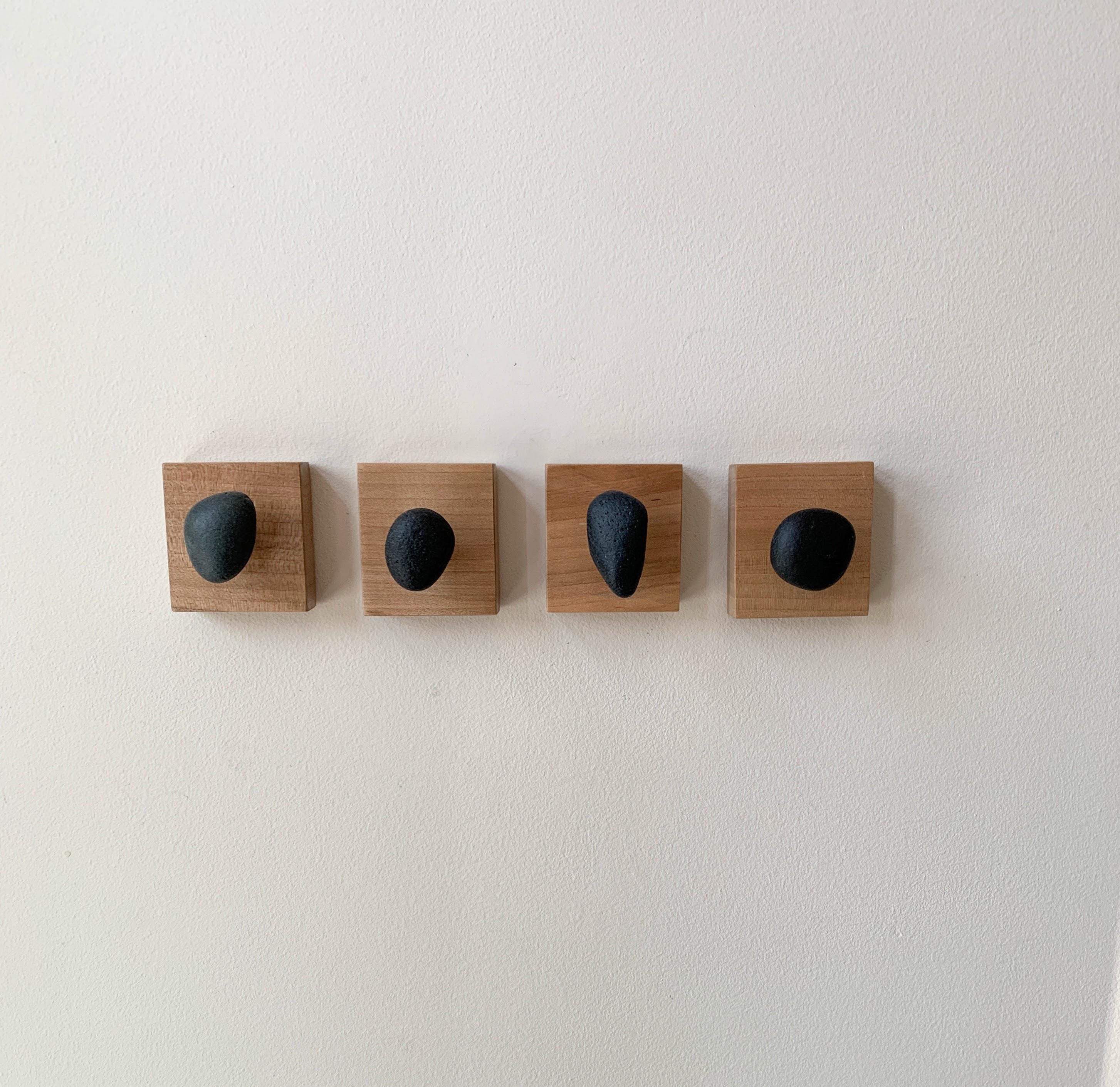 Wall Mounted Beach Stone Towel Hooks – Wood Wall Art – Set of 4