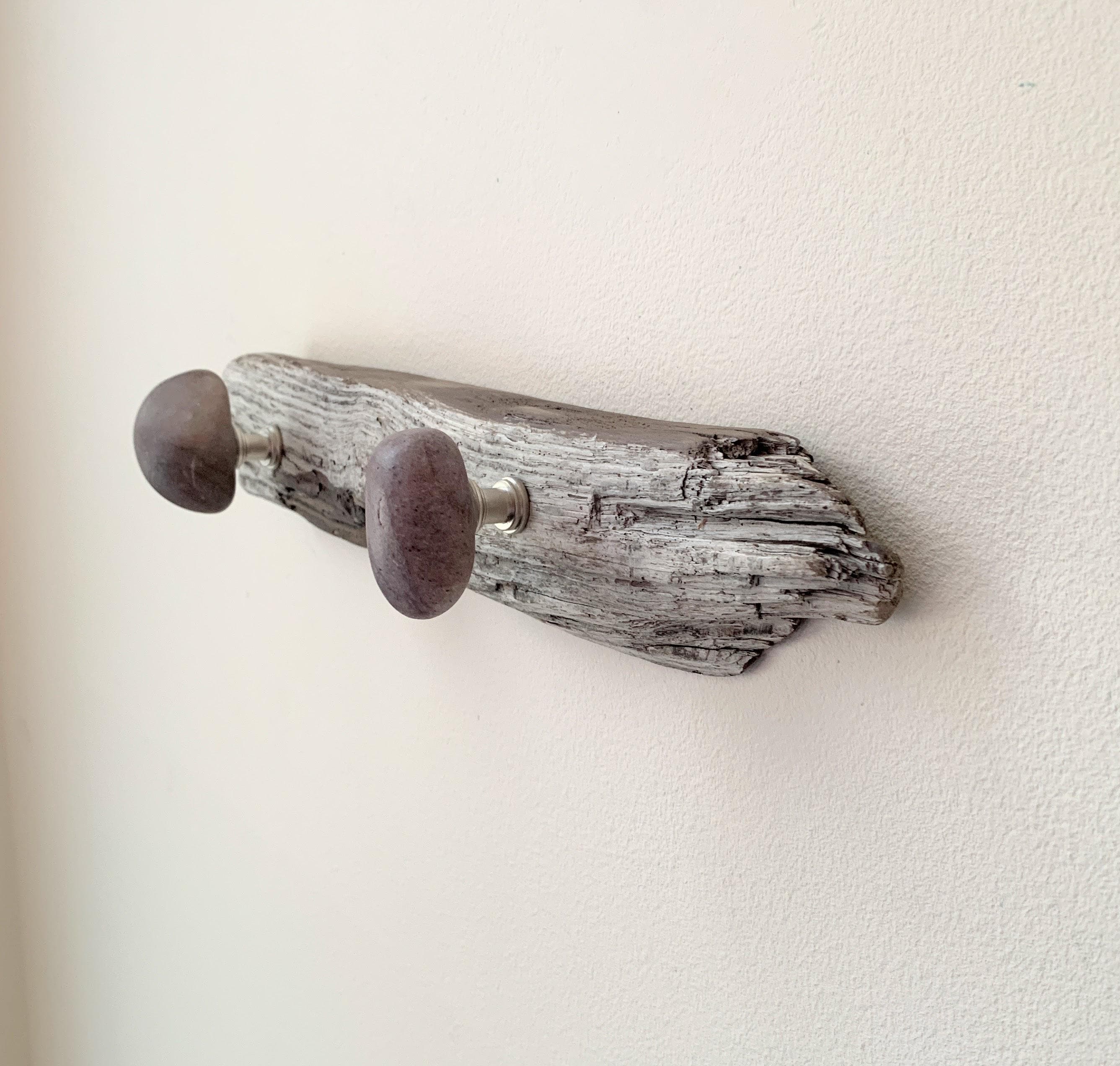 Driftwood and Beach Stone Wall Hooks – Cottage, Lake, Coastal Decor – 12" wide