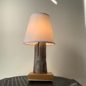May include: A rustic table lamp with a natural wood base and a weathered, textured wooden column supporting a white lampshade with a light blue trim. The lamp is illuminated, casting a warm glow.