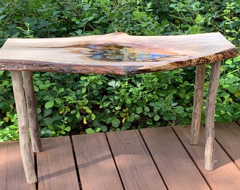 Rustic live edge wood slab table with beach stones suspended in resin - coffee table, side table, accent table