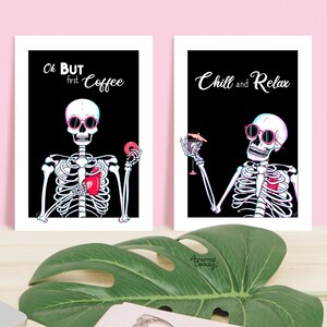 Pack de 2 impresiones de esqueleto, Amantes del café, Decoración de habitación, Mini Posters, Arte estético, Arte neón, Decoración pared