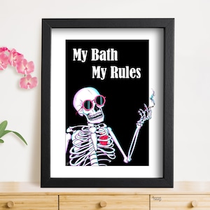 Poster da bagno scheletro felice, arredamento per il bagno, poster con citazione, stampa artistica scheletro, stampa artistica da parete, arredamento per la casa